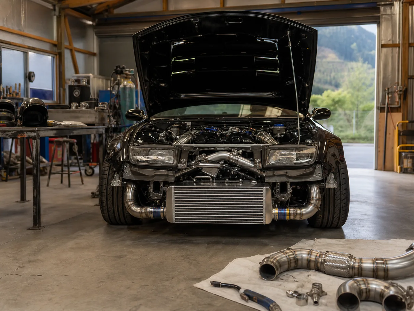 Modified performance car in an automotive fabrication workshop