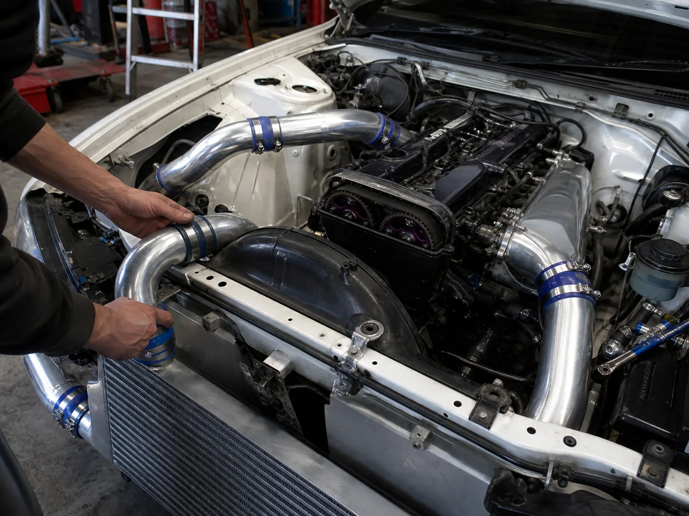Custom intercooler piping test fitted in a modified engine bay